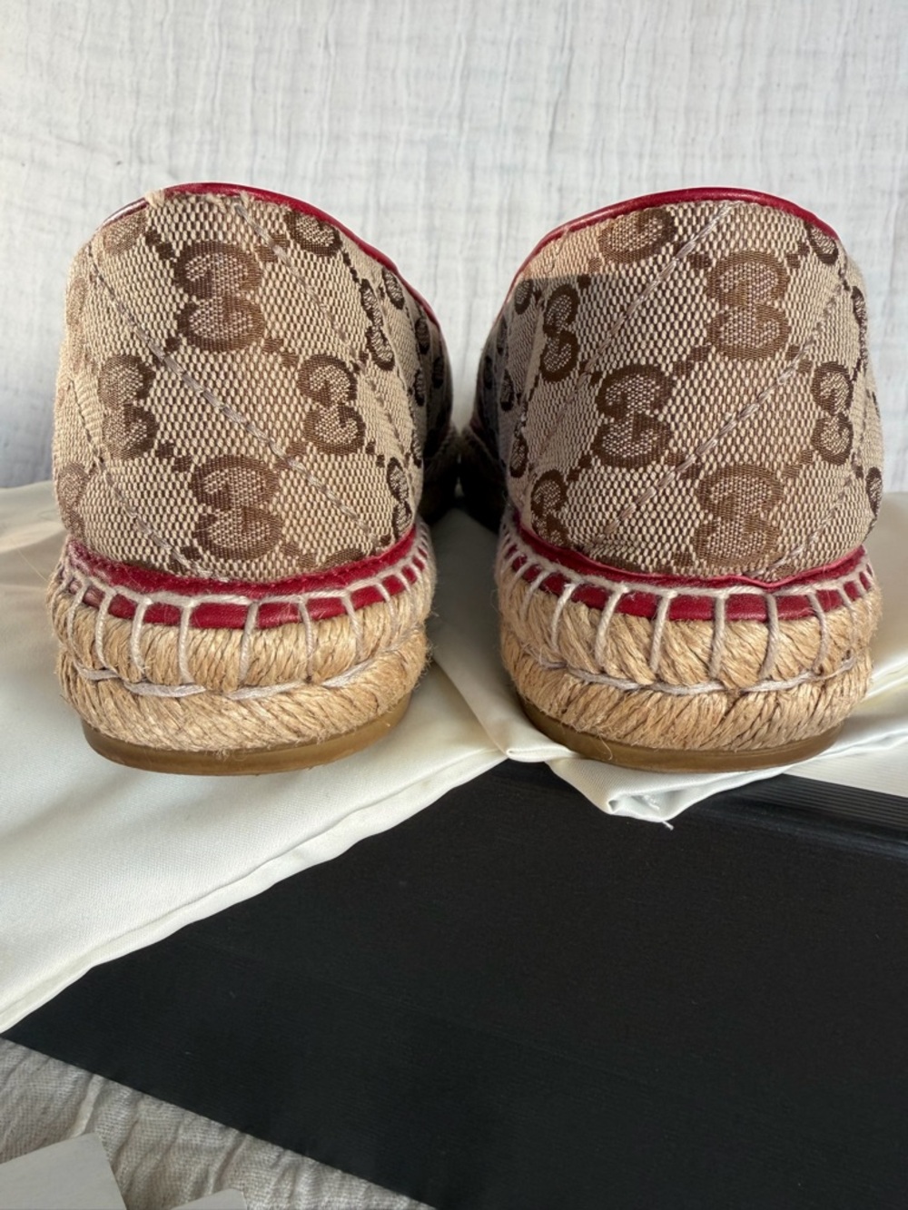 Gucci GG Canvas Espadrille Loafers with Red Trim and Gold Hardware - Picture 7 of 13